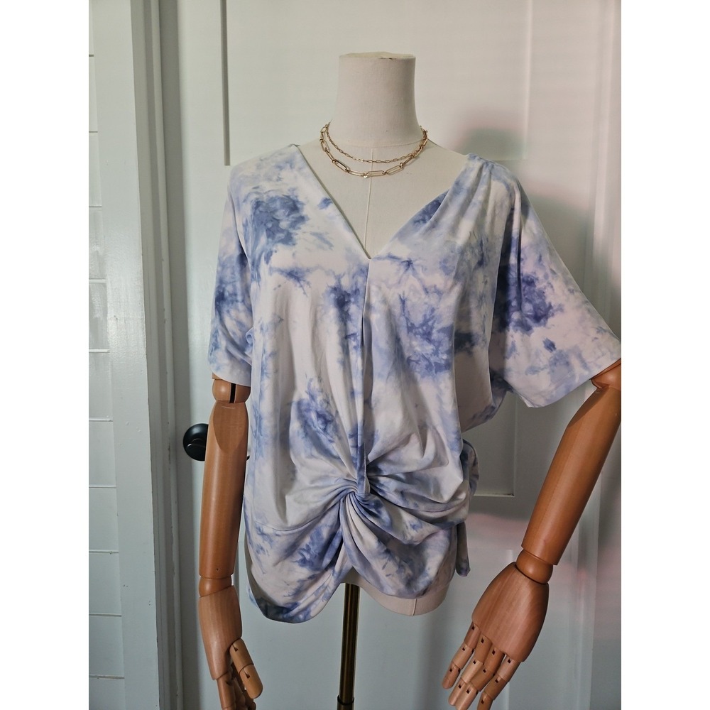 Stem & Vine Tie Dye Top L‎ Large Blue White Front Twist Knot V-Neck Blouse